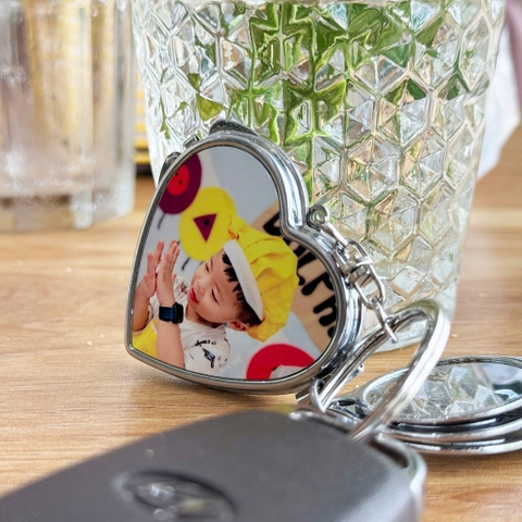 Móc khoá hình tim có gương soi, móc khoá gương in ảnh