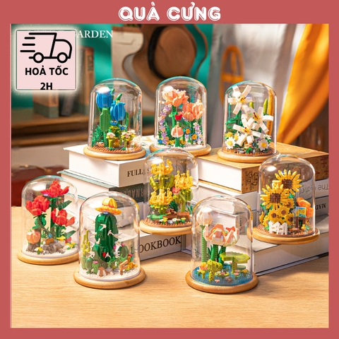 Quà tặng mô hình lắp ráp hoa dễ thương kèm lồng chụp và đế tặng sinh nhật, tặng người yêu