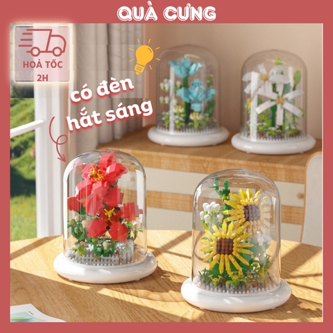 Quà tặng mô hình lắp ráp hoa kèm lồng chụp và đế hắt sáng tặng sinh nhật, tặng người yêu