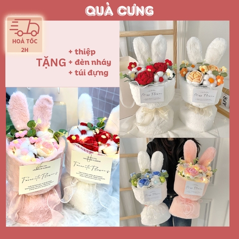 Quà tặng Bó hoa len tai thỏ kèm túi đựng và đèn nháy tặng sinh nhật, tặng người yêu