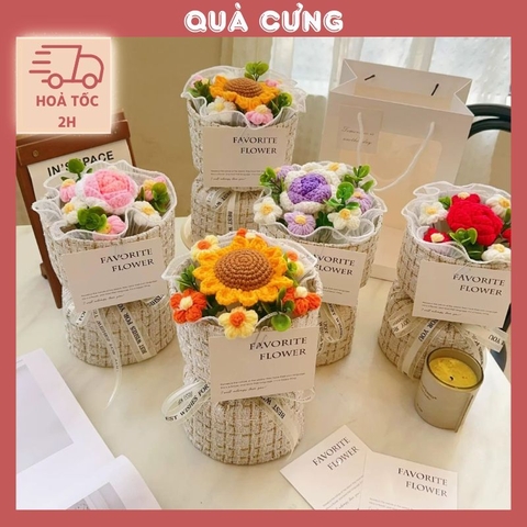 Quà tặng bó hoa len mini vải dạ Tweed kèm túi đựng và thiệp tặng sinh nhật, tặng người yêu