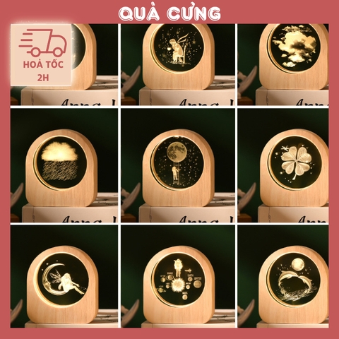 Quà tặng Đèn ngủ pha lê khắc hình 3D khung gỗ tặng sinh nhật, tặng người yêu