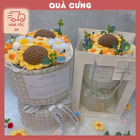Quà tặng bó hoa len hướng dương SIZE LỚN kèm túi đựng và đèn nháy tặng sinh nhật, tặng người yêu