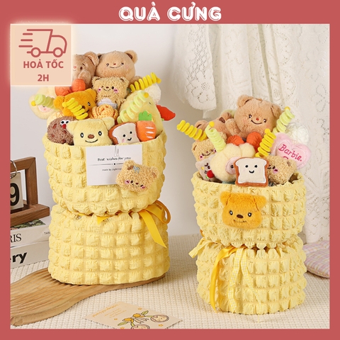Quà tặng Bó Hoa Gấu bông vàng dễ thương 2 size kèm túi đựng và đèn nháy tặng người yêu, sinh nhật