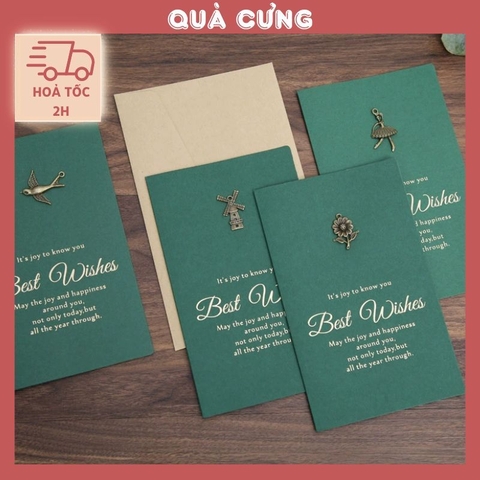 Set Thiệp BEST WISH xanh gồm Bao thư, Thiệp đính charm và Giấy viết xinh xắn
