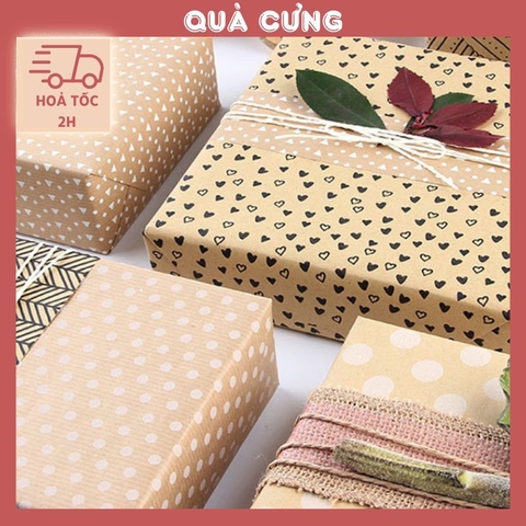 Giấy gói quà kraft vintage hoạ tiết chấm bi, trái tim độc đáo, sang trọng