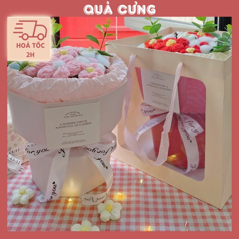 [HỎA TỐC] Quà tặng Bó hoa len Tròn dễ thương kèm Túi vuông đựng dành tặng bạn bè, người yêu