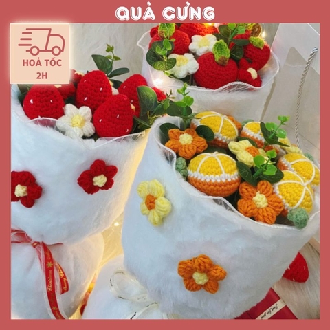 Bó hoa len bọc vải lông mịn hình quả Dâu, Cam, Táo dễ thương dành tặng bạn bè, người yêu