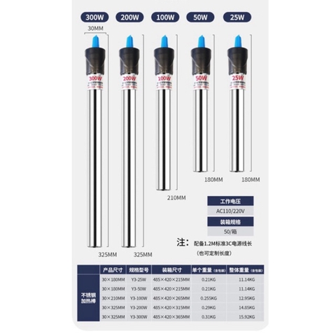 Sưởi bể cá Inox JBA Y3 (25W, 50W, 100W, 200W, 300W, 500W) cho hồ cá giá rẻ