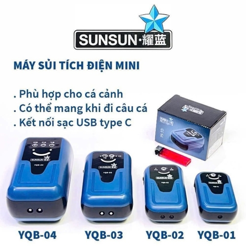 Máy sủi Oxy SUNSUN YQB tích điện siêu êm, 3.5w ~ 8w, máy sủi mạnh mẽ