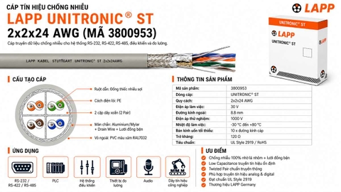 LAPP-3800953 / Cáp Tín Hiệu Chống Nhiễu LAPP UNITRONIC ST 2919 PE 2x2x24 AWG