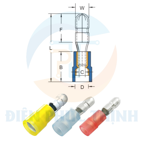 MPNYD1-156 / Đầu Cosse Ngắt Phụ Hình Đạn Cách Điện Nylon Nối Đôi (Đực) KST 0.5-1.5 mm - NYLON-FULLY INSULATED DOUBLE CRIMP BULLET DISCONNECTORS