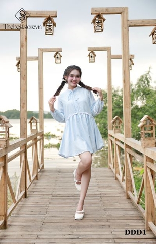 Đầm BBD nơ cổ bèo viền nút hoa DDD1 nhẹ nhàng