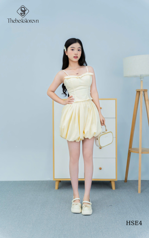 Set áo crop gấm nơ, quần bí phồng
