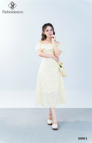 Đầm xòe hoa nhí trễ vai