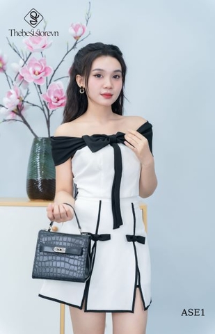 Set áo trễ vai nơ trắng, cv xẻ phối viền