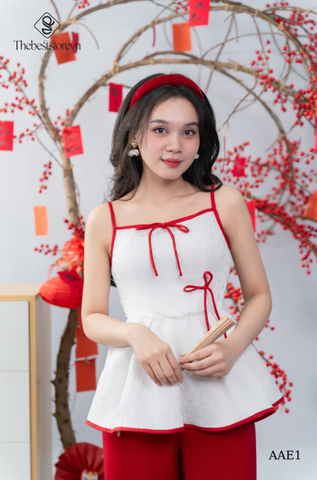 Áo gấm hoa mai 2 dây phối viền nơ