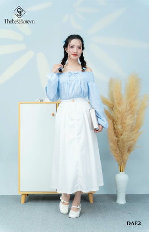 Áo sọc trễ vai tay phồng bo chun