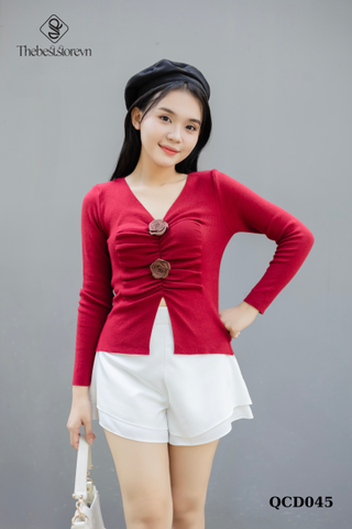 Áo len hoa hồng nhún eo QCD045 nhẹ nhàng, vừa vặn
