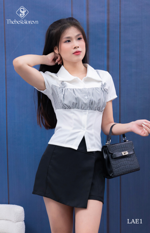 Sơ mi trắng form vừa phối sọc đính nơ