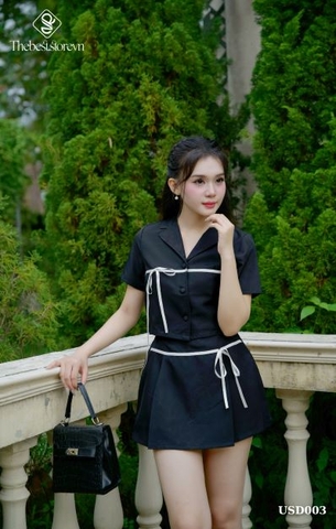 Set áo crop vest, chân váy A đính RB USD003 trẻ trung