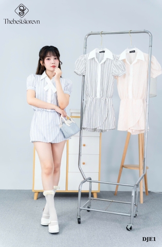 Jumdress kẻ sọc phối nơ tay phồng