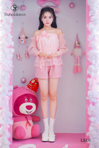 Set áo cup tơ đính nơ, short lưng chun LSD1