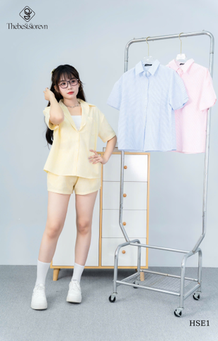 Set short kẻ lưng chun tay ngắn