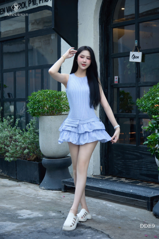 Set đầm kẻ 2 tầng xòe kèm túi