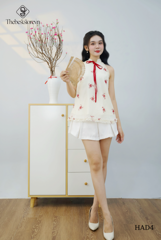 Áo yếm viền bèo in hoa cổ thắt nơ