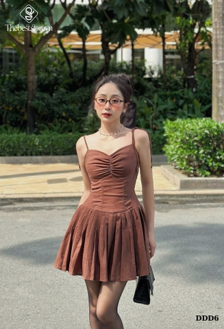 Đầm linen 2 dây nhún ngực tùng li
