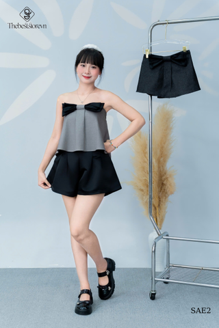 Áo quây denim phối nơ