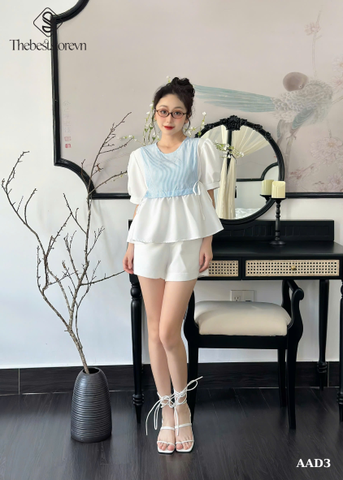 Áo baby doll tay phồng phối sọc thắt eo