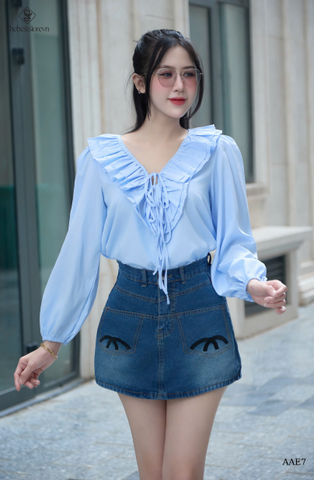 Sơ mi cổ V bèo tay chun