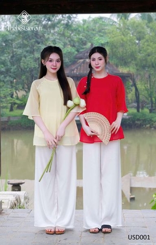 Nhẹ nhàng, mềm mại với set áo lam tơ nút bọc, quần lụa suông HC USD001