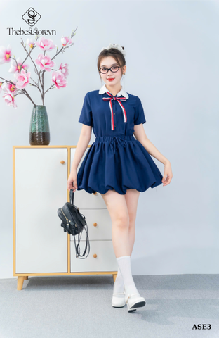 Set sơ mi xanh cổ sen trắng, cv bí kèm nơ