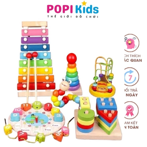 Combo 6 Món Đồ Chơi Gỗ Montessori – Bé Vừa Học Vừa Chơi, Phát Triển Toàn Diện Combo 6 loại 1 (thả khối vuông loại to 12cm)- POPIKIDS