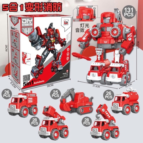 Robot Biến Hình Lắp Ráp Xe Công Trường Cứu Hỏa 5in1, Đồ Chơi Lắp Ghép Có Đèn Và Nhạc Cho Bé -POPIKIDS
