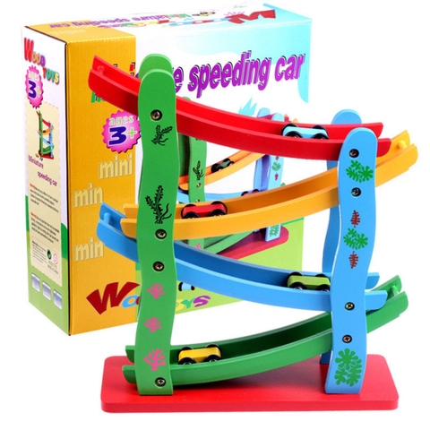 Đồ Chơi Xe Cầu Trượt 4 Tầng Bằng Gỗ Tặng Kèm 4 Ô Tô Cho Bé Yêu Phát Triển Tư Duy Trí Tuệ Toàn Diện- POPIKIDS
