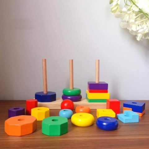 Đồ Chơi Gỗ Xếp Chồng 3 Cọc Loại To – Rèn Luyện Logic & Tăng Tương Tác Gia Đình- POPIKIDS
