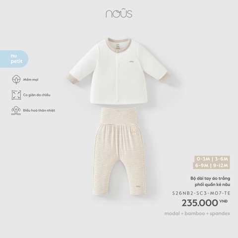 (0M-9M) NOUS - Bộ dài tay áo trắng phối quần kẻ nâu - SS26.T9A