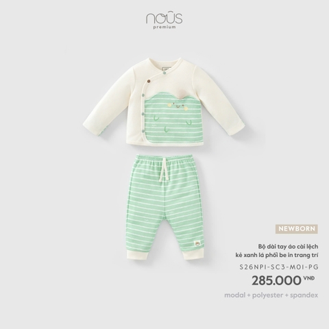 (Newborn) NOUS - Bộ dài tay áo cài lệch kẻ xanh lá phối be in trang trí - SS26.T9A