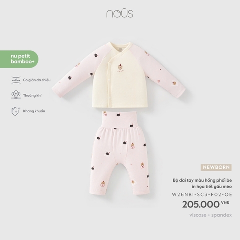 (Newborn) NOUS - Bộ dài tay màu hồng phối be in họa tiết gấu mèo - SS26.T9A