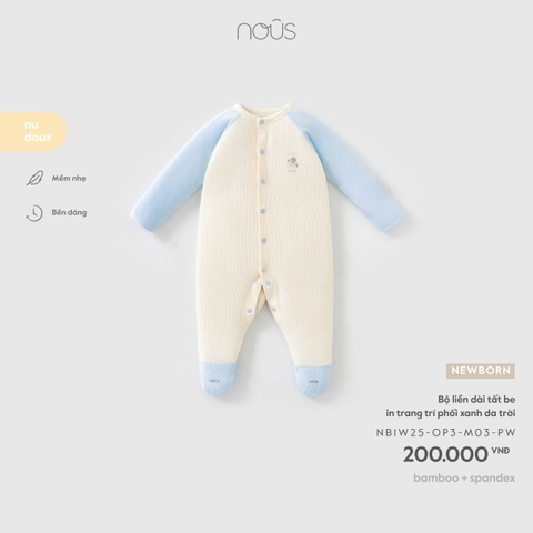(Newborn) NOUS - Bộ liền dài tất be in trang trí phối xanh da trời - SS26.T9A