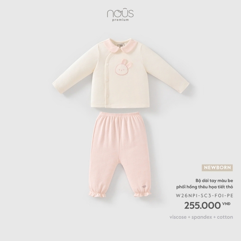 (Newborn) NOUS - Bộ dài tay màu be phối hồng thêu họa tiết thỏ - SS26.T9A