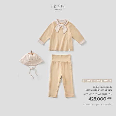 (9M-2Y) NOUS - Bộ dài tay màu nâu kèm mũ rộng vành kẻ caro - SS26.T9A