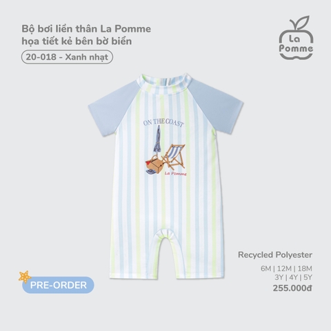 (6M-4Y) LP - Bộ bơi liền thân La Pomme họa tiết kẻ bên bờ biển - Xanh nhạt