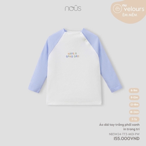 (6M-2Y) NOUS - Áo dài tay trắng phối xanh in trang trí 12M - 12-18M