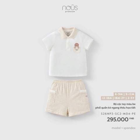 (6M-2Y) NOUS - Bộ cộc tay màu be phối quần kẻ ngang thêu họa tiết 18M - SS26.T7A