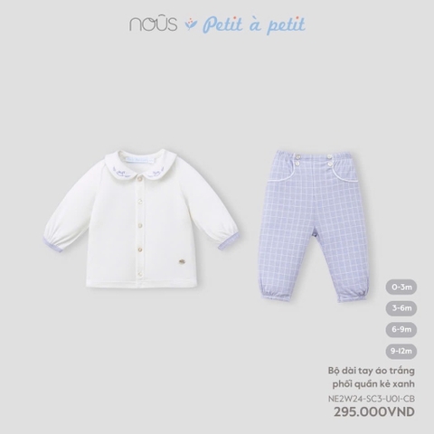(0M-9M) NOUS - Bộ dài tay áo trắng phối quần kẻ xanh 9M - 9-12M